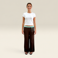 Front view of The Moment After Pants in espresso with mint contrast waistband and side drawstring, worn with a white tee